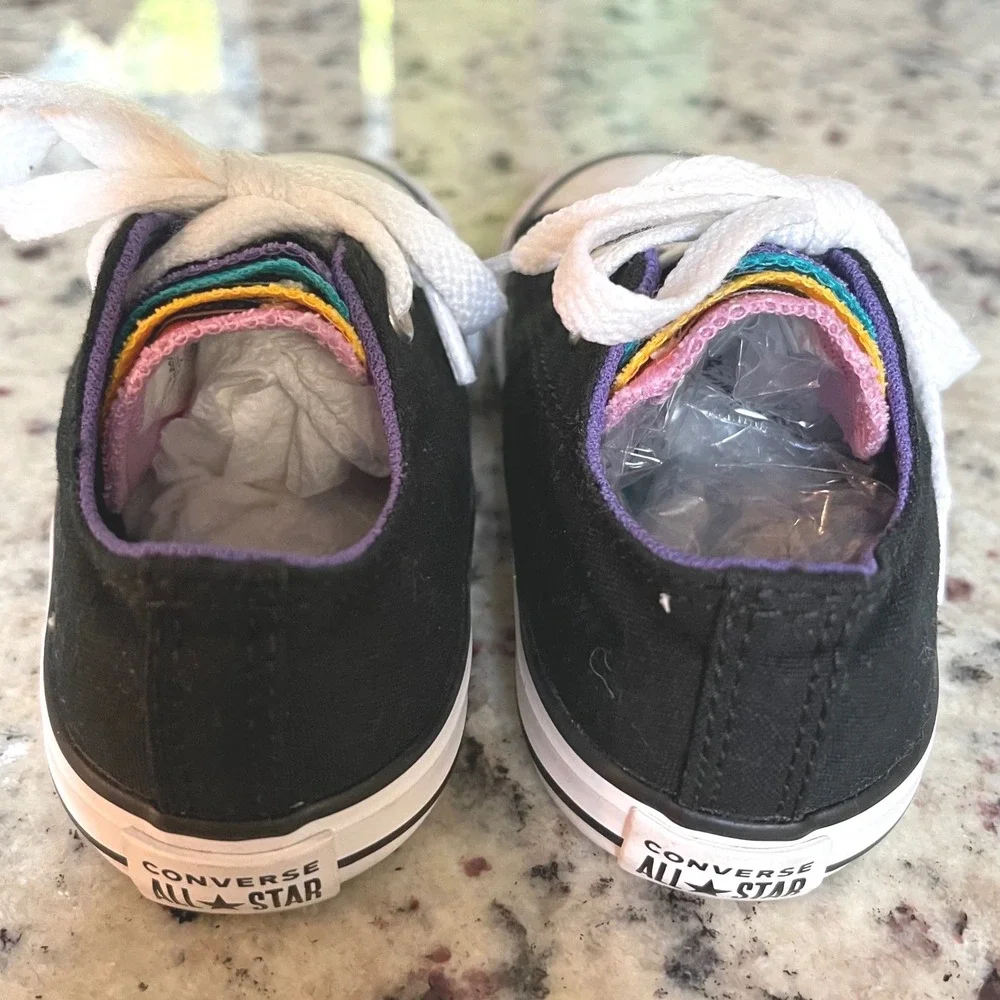 Converse Chuck Taylor All Star Kids 7 Black Rainbow Multi Tongue Low Top Sneaker